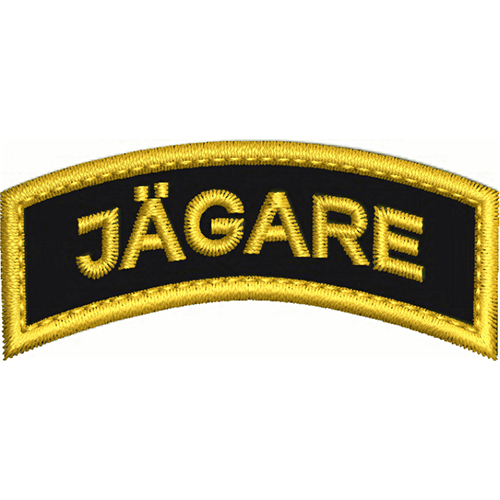 Jägarbåge, svart botten med gul text och bård, värmeklister 980109