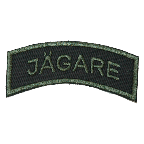 Jägarbåge, svart botten med grön text och bård, värmeklister 980131